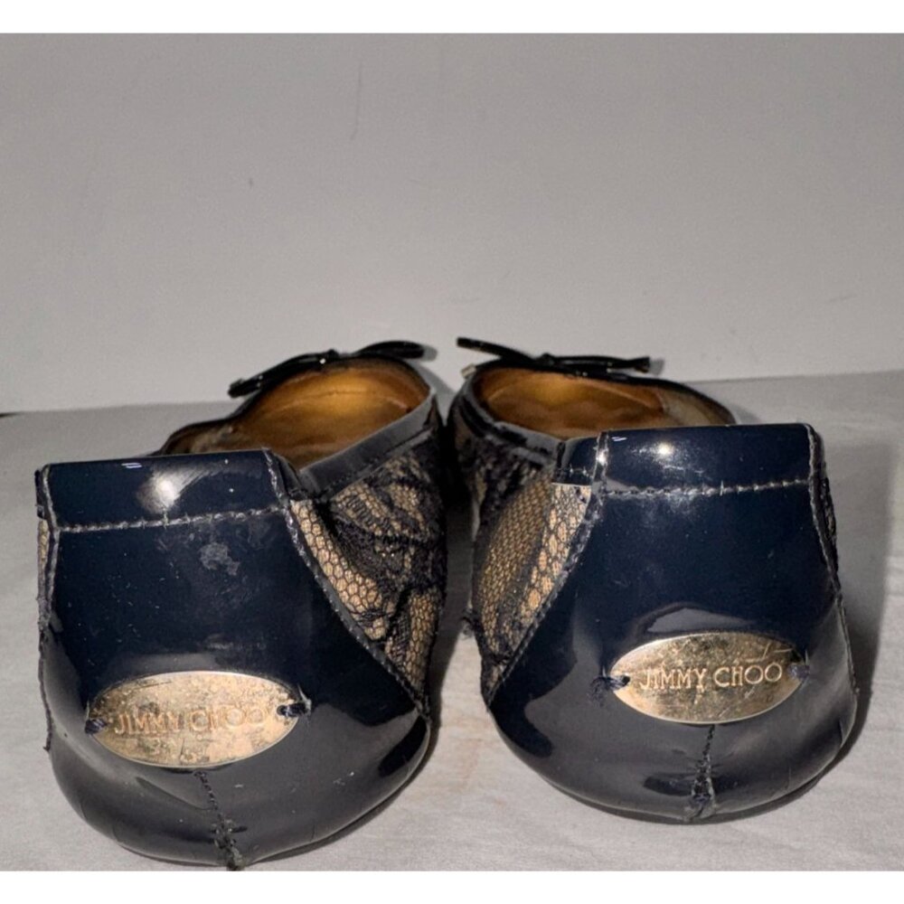 Jimmy Choo Navy Blue Lace Ballet Flats Patent Bow Detail - Picture 12 of 12